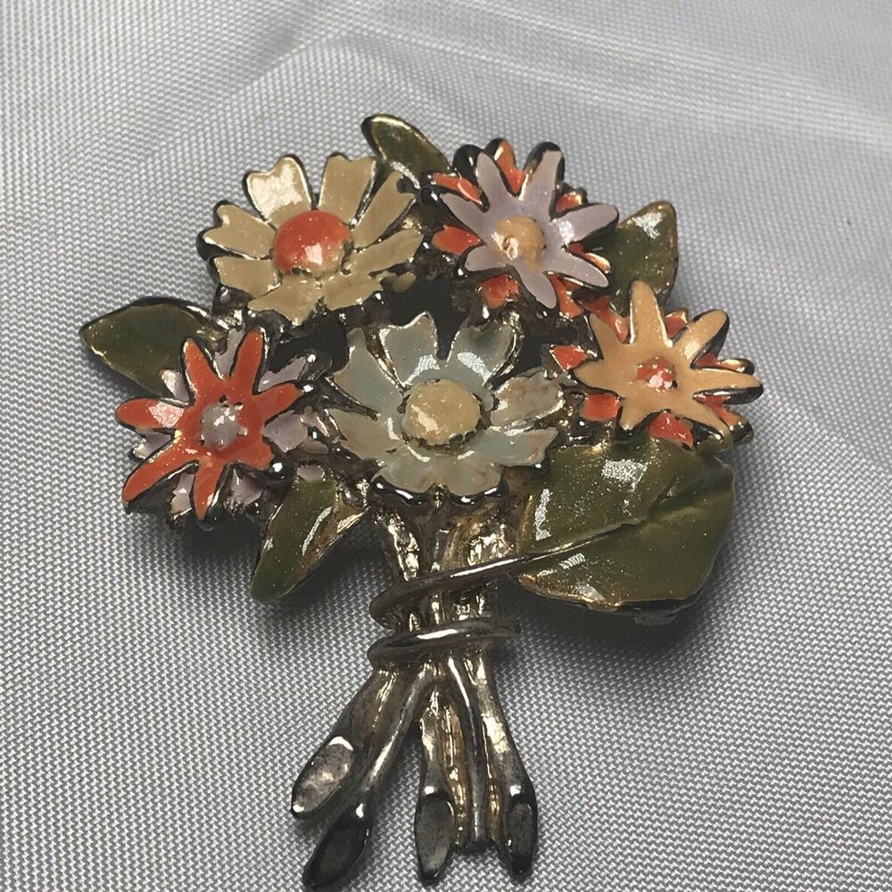 floral bouquet pendant brooch metal hand painted fire glazed